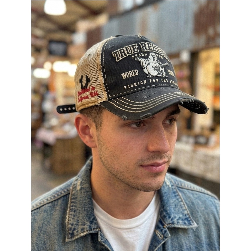 True Religion World Tour Buddha Trucker Hat Mesh Snapback Black Off-White Y2K